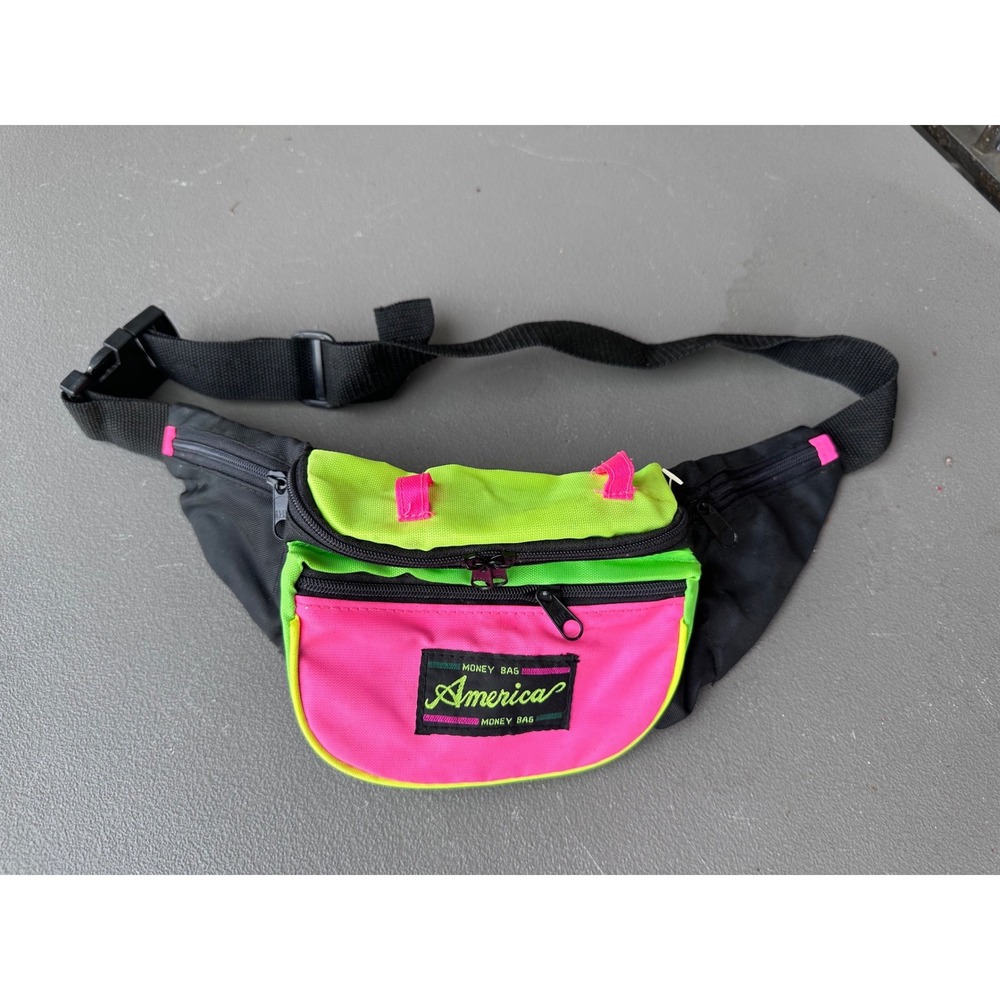 Vintage America Money Bag Neon Colorblock Waist Bag Pink Green Black Retro Hip